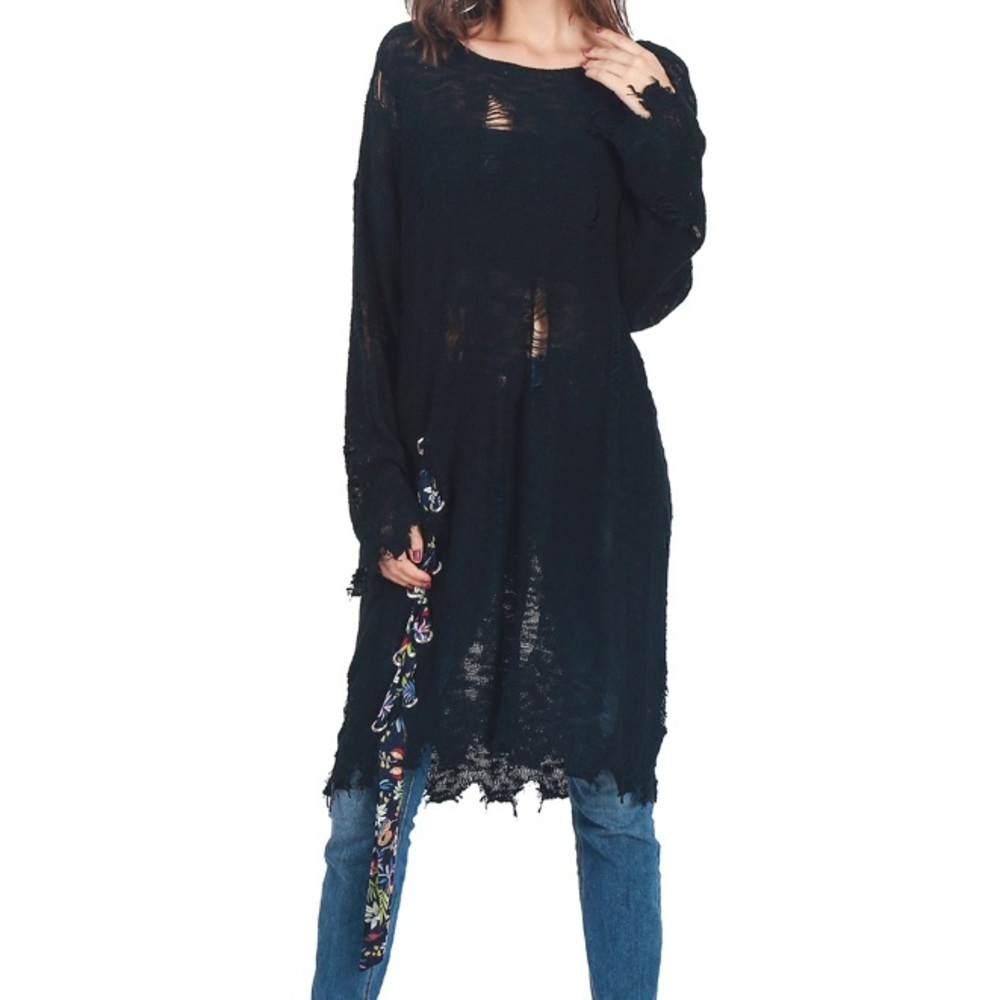 NWT JTANIB Fashion Women Bow Lace Up Knitted Hollow Our Loose Long Sweater